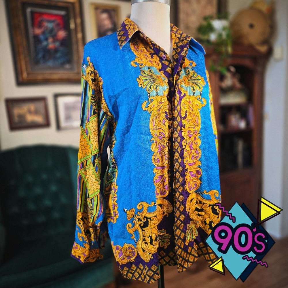 Creme de Silk Baroque Shirt Vintage 90s Blue Gold Medusa Print Blouse‎ Medium M